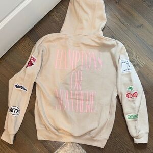 Beige Hamptons Hoodie with Pink Graphic Text